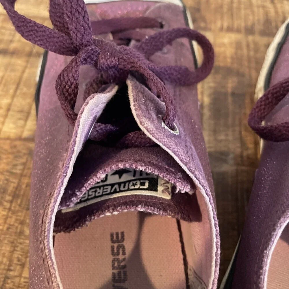 Converse All Star girls Junior Size 3 Low Top Purple Glitter Shoes Double Tongue